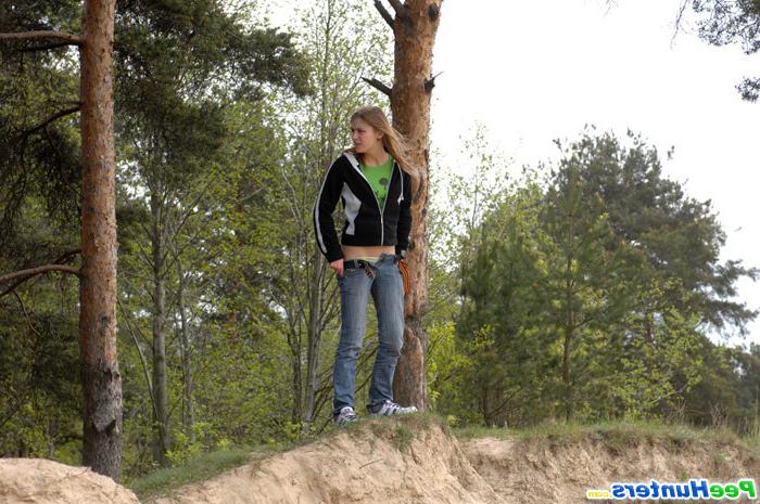 16P Beautiful teen plays watersports on a quiet forest glade