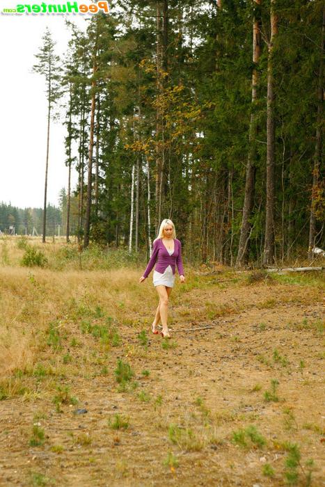 16P Blonde with tattooed legs pees near forest edge