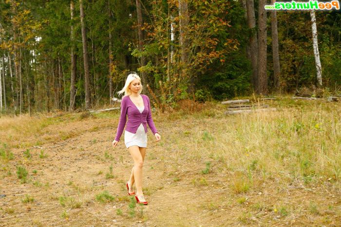 16P Blonde with tattooed legs pees near forest edge