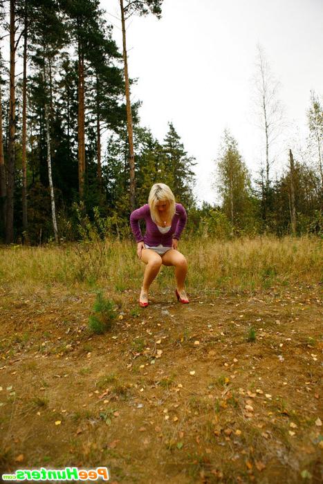 16P Blonde with tattooed legs pees near forest edge