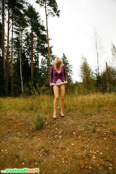 16P Blonde with tattooed legs pees near forest edge