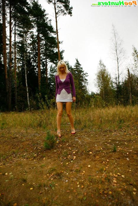16P Blonde with tattooed legs pees near forest edge
