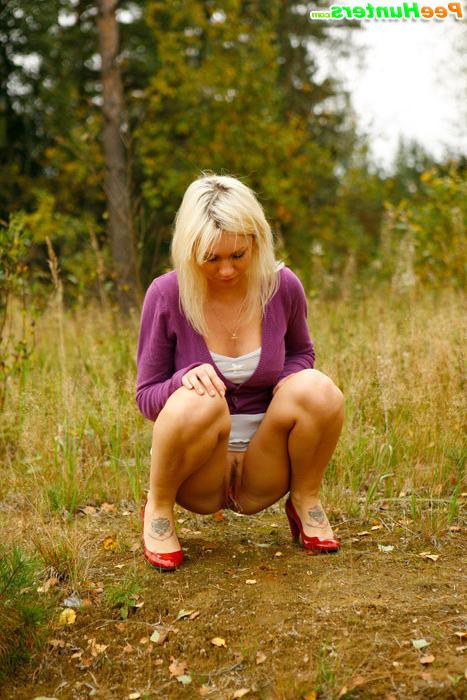 16P Blonde with tattooed legs pees near forest edge