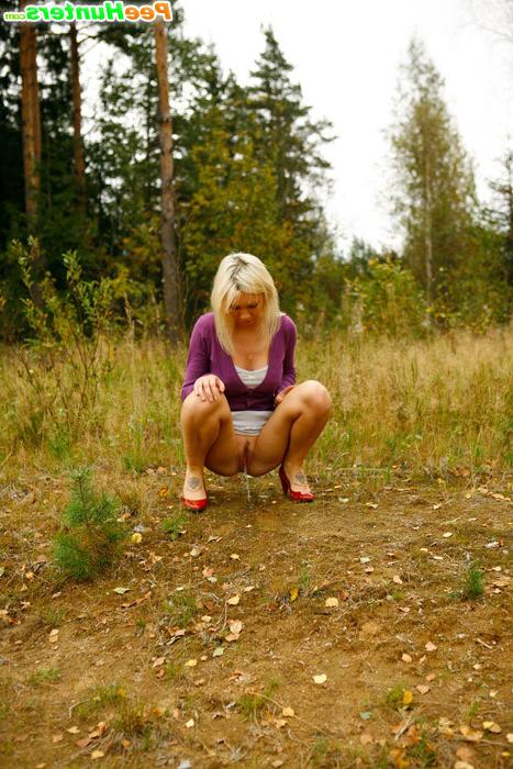 16P Blonde with tattooed legs pees near forest edge