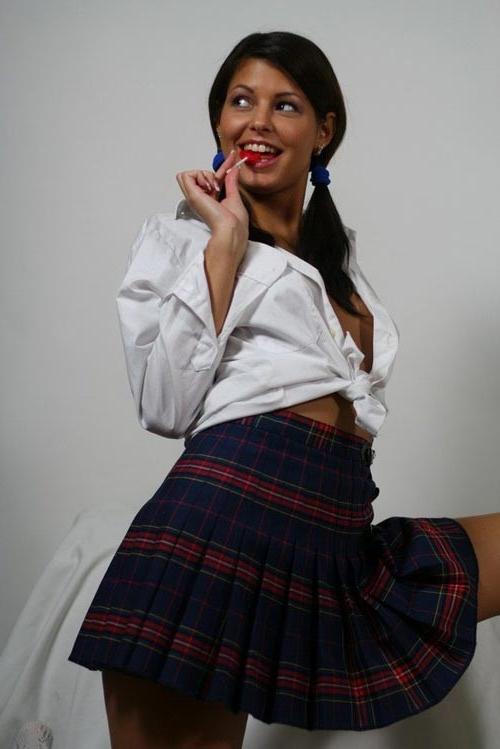 16P Uniform Schoolgirl Lucie Strips Down While Sucking On A Lollipop