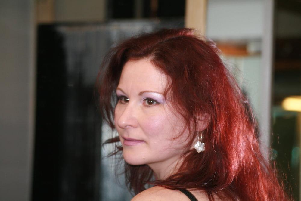 25P Pale redhead MILF public nudity lingerie and high heels