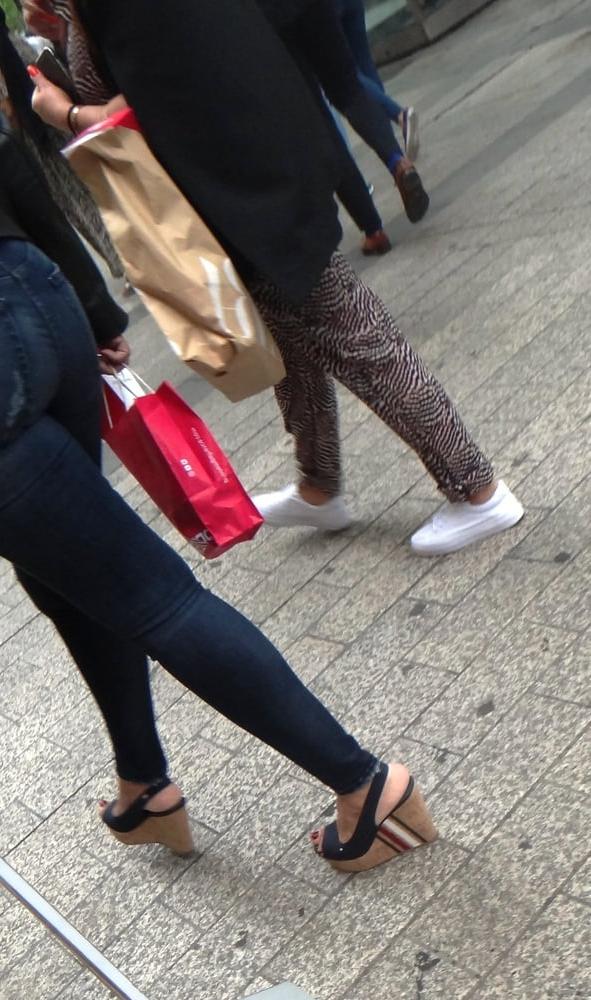 25P Candid hot mature in slingback wedges high heels