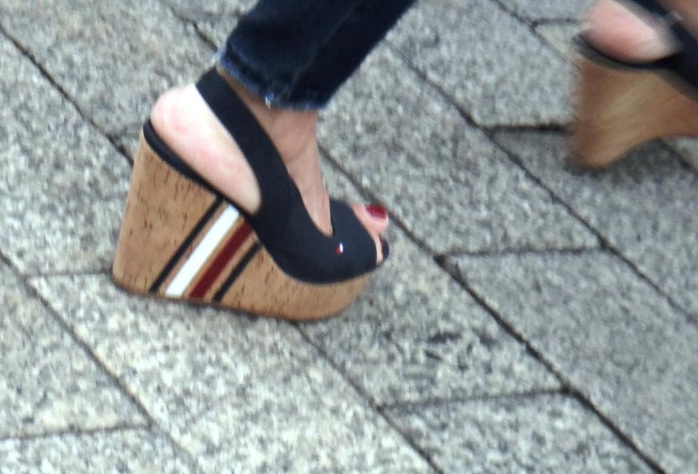 25P Candid hot mature in slingback wedges high heels
