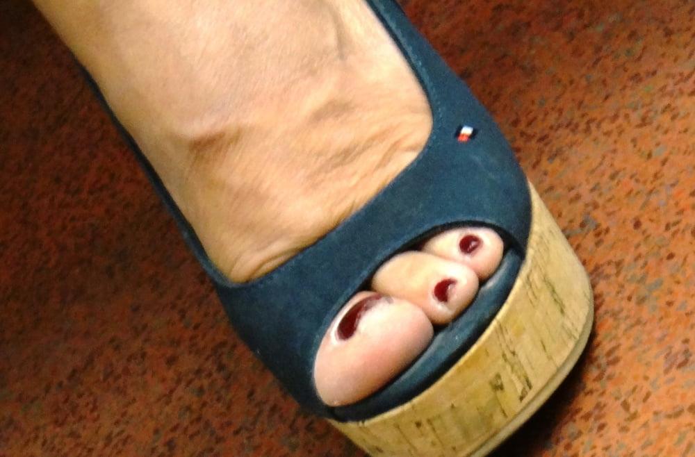 25P Candid hot mature in slingback wedges high heels