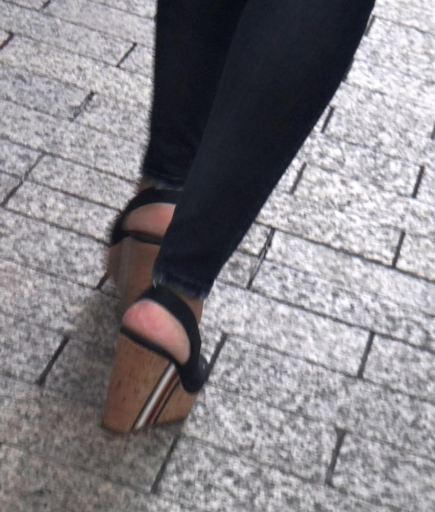 25P Candid hot mature in slingback wedges high heels