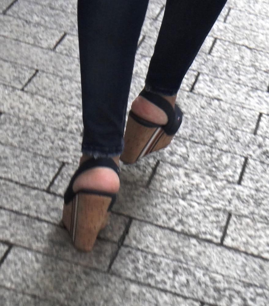 25P Candid hot mature in slingback wedges high heels
