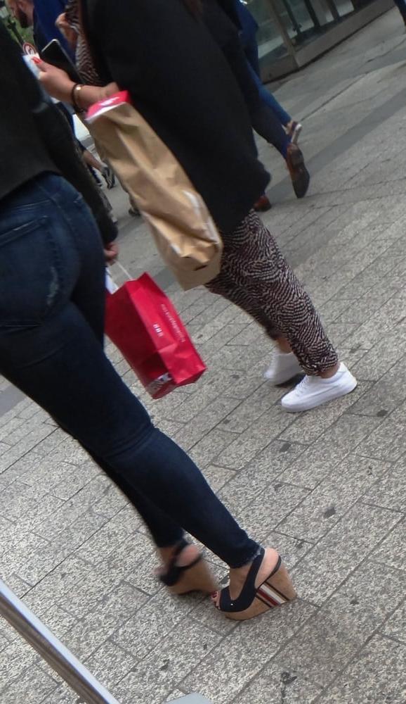 25P Candid hot mature in slingback wedges high heels