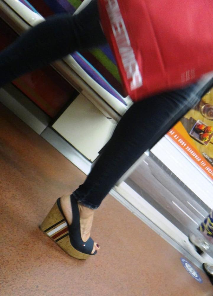 25P Candid hot mature in slingback wedges high heels