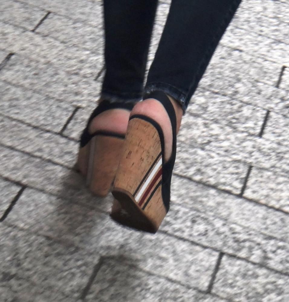 25P Candid hot mature in slingback wedges high heels