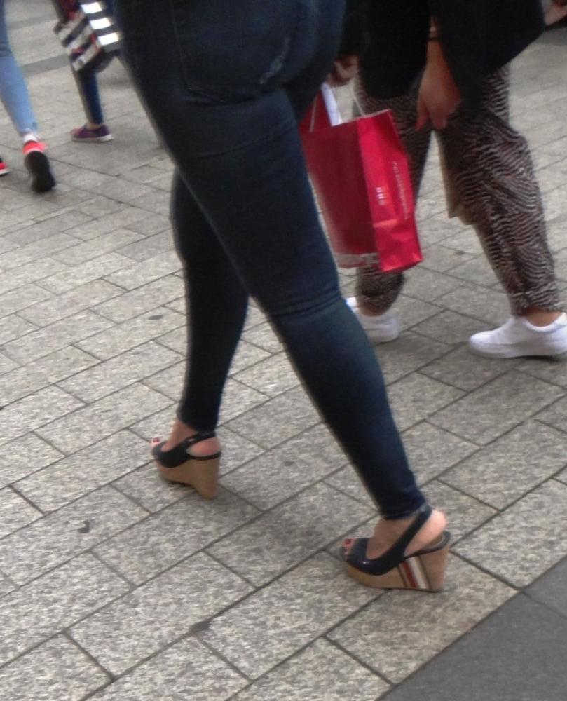 25P Candid hot mature in slingback wedges high heels