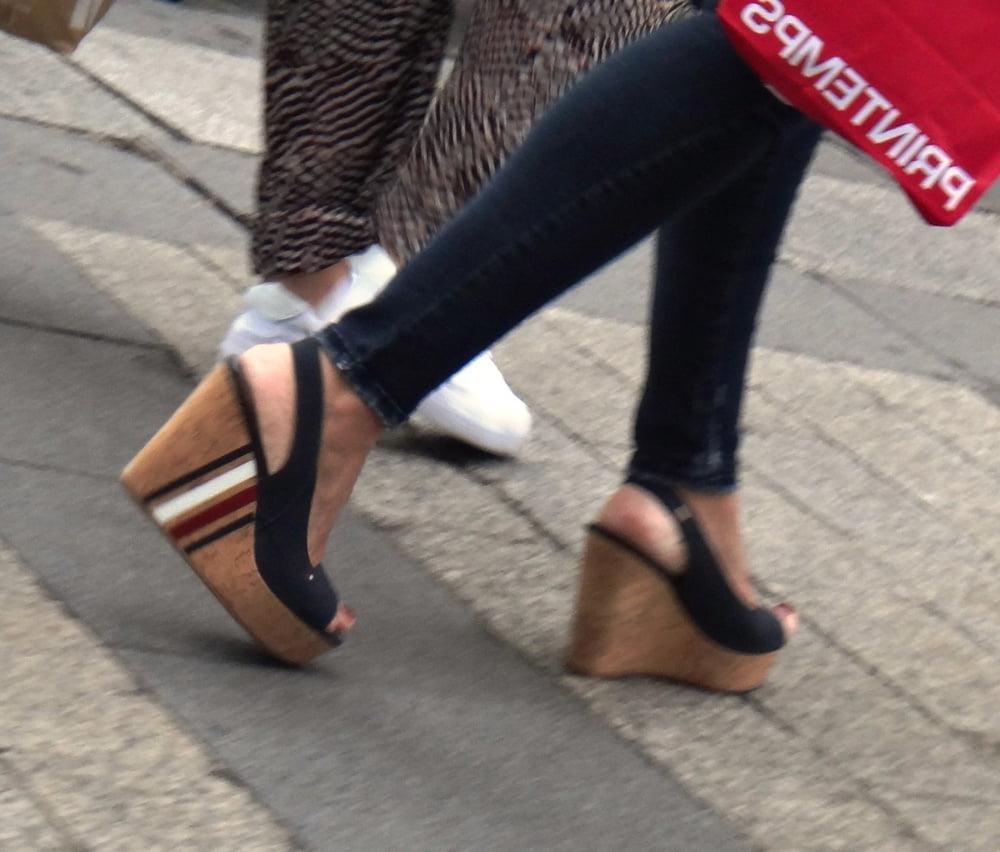 25P Candid hot mature in slingback wedges high heels
