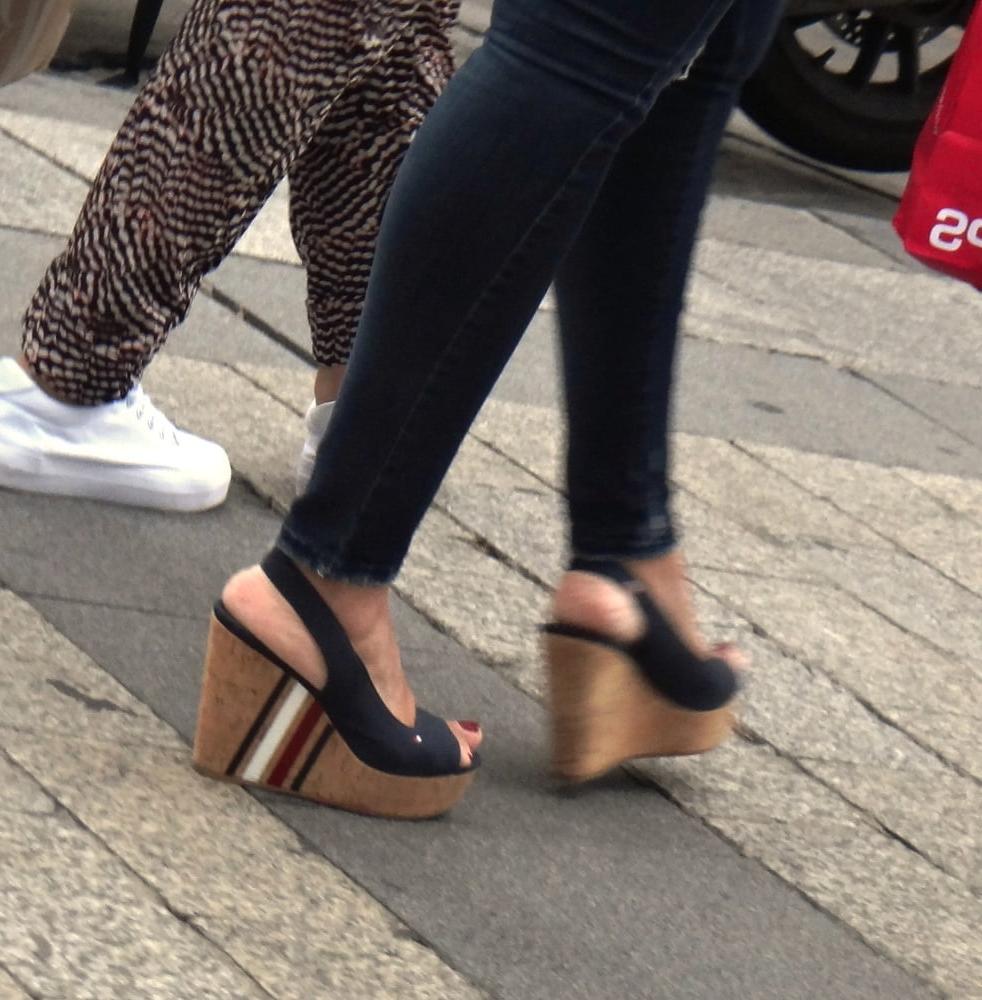25P Candid hot mature in slingback wedges high heels