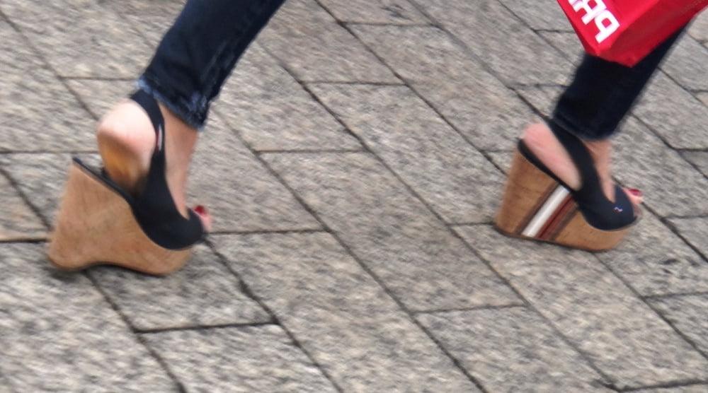 25P Candid hot mature in slingback wedges high heels