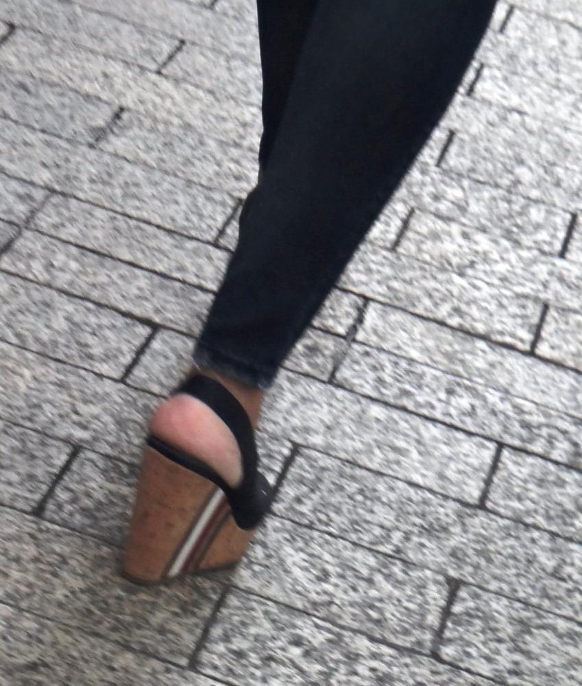 25P Candid hot mature in slingback wedges high heels