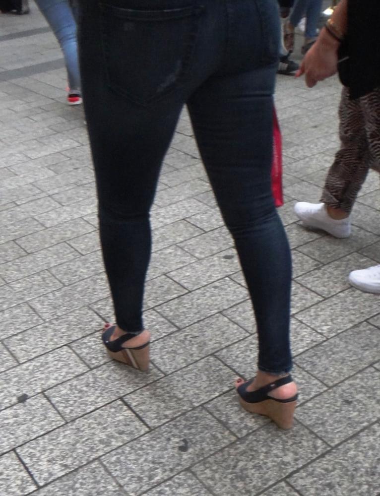 25P Candid hot mature in slingback wedges high heels