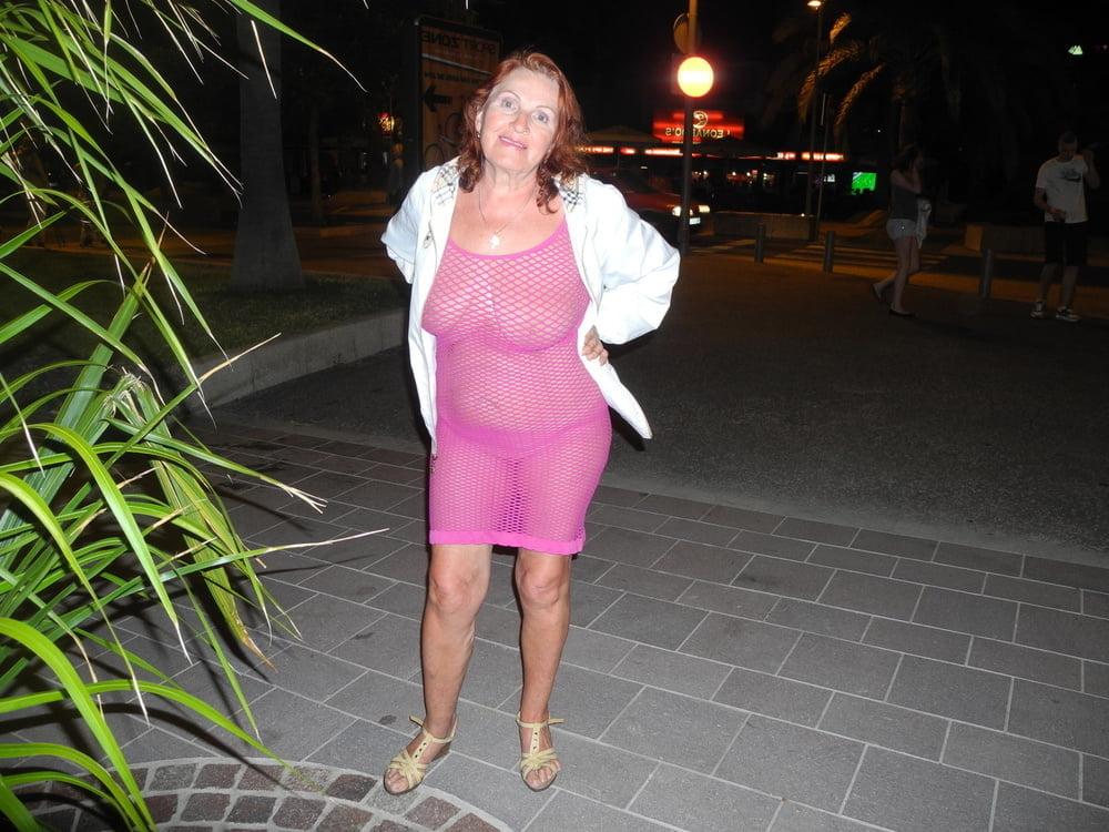 25P Hot granny flashing in purple see-thru mesh dress