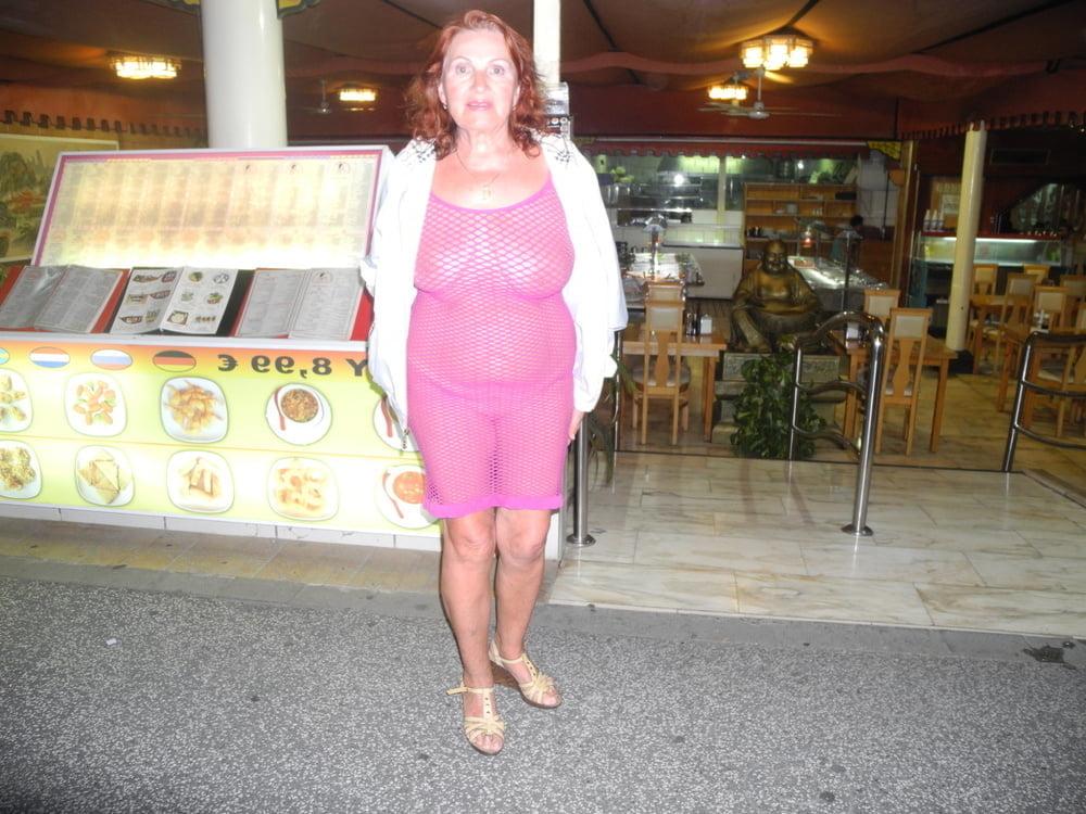 25P Hot granny flashing in purple see-thru mesh dress