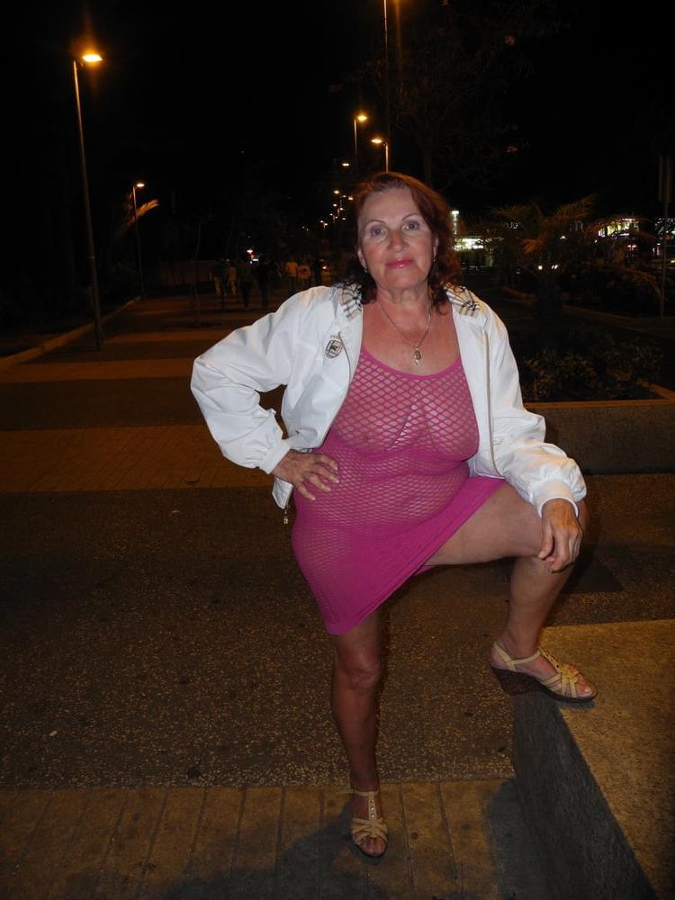 25P Hot granny flashing in purple see-thru mesh dress