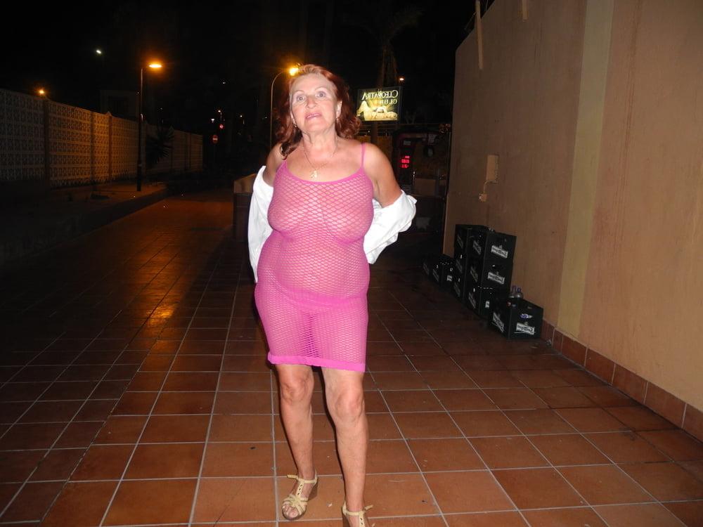 25P Hot granny flashing in purple see-thru mesh dress