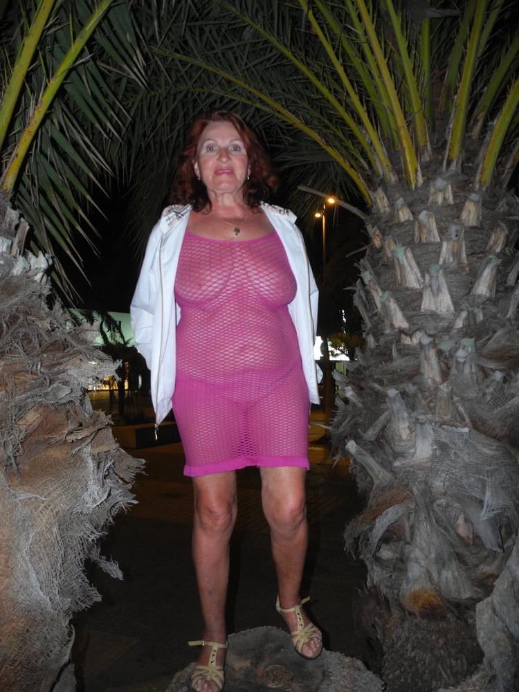 25P Hot granny flashing in purple see-thru mesh dress
