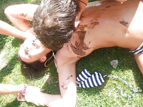 9P Girls fooling around and flashing tits in a park