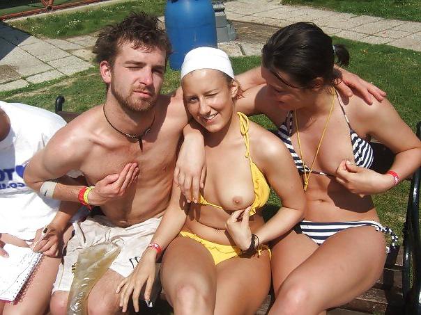 9P Girls fooling around and flashing tits in a park