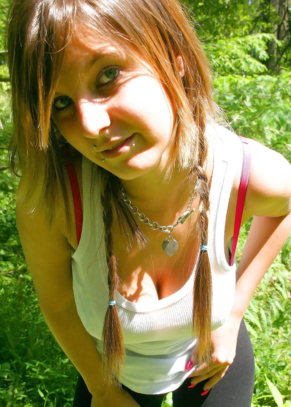 14P Teen with very big boobs stripping for me in the park