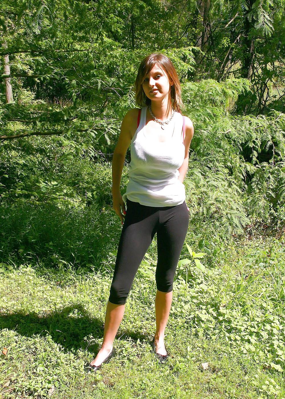 14P Teen with very big boobs stripping for me in the park
