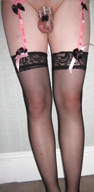 10P Sissy Bella in Pink Suspenders, Stockings and Chastity Cage