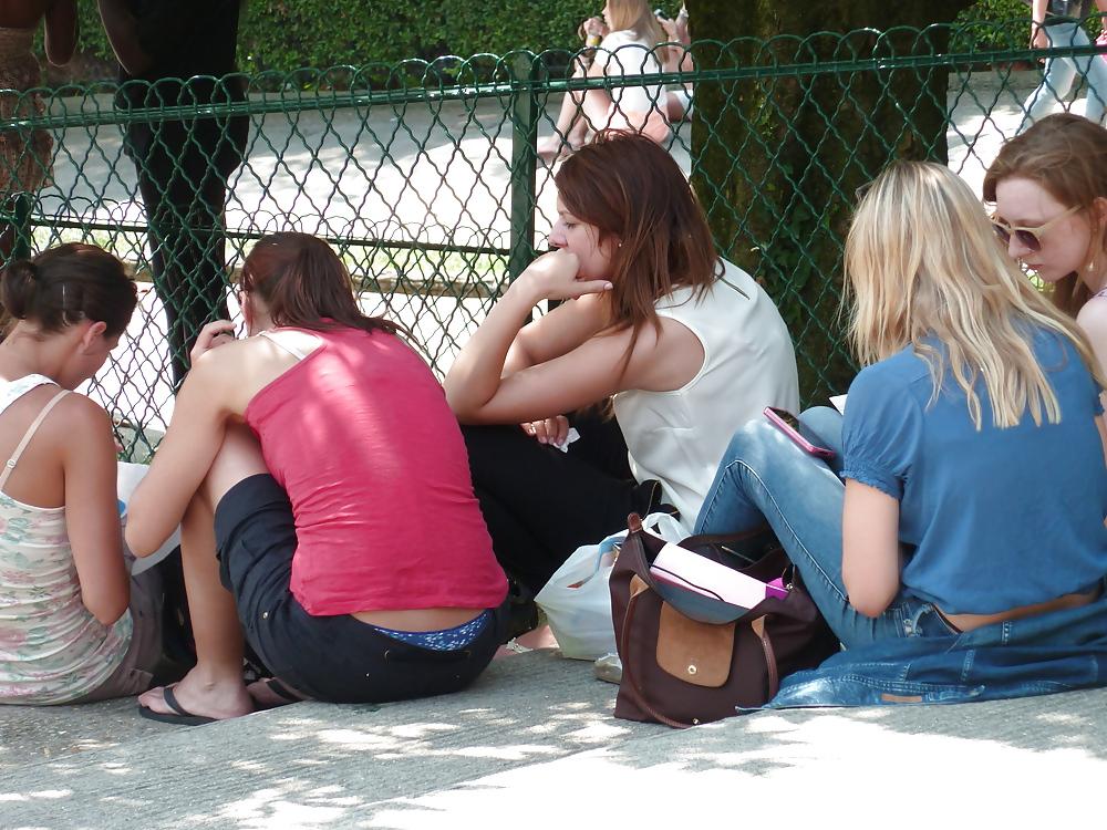 11P Teens in park - Visible thong and pantie