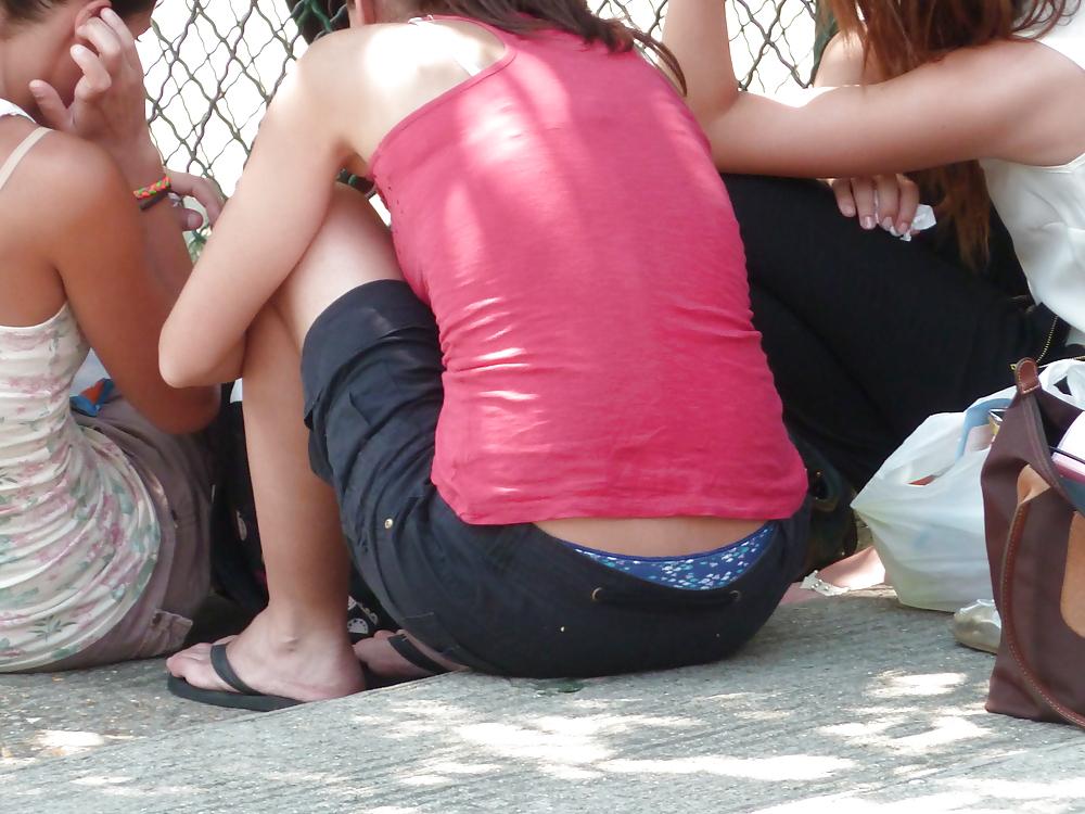 11P Teens in park - Visible thong and pantie