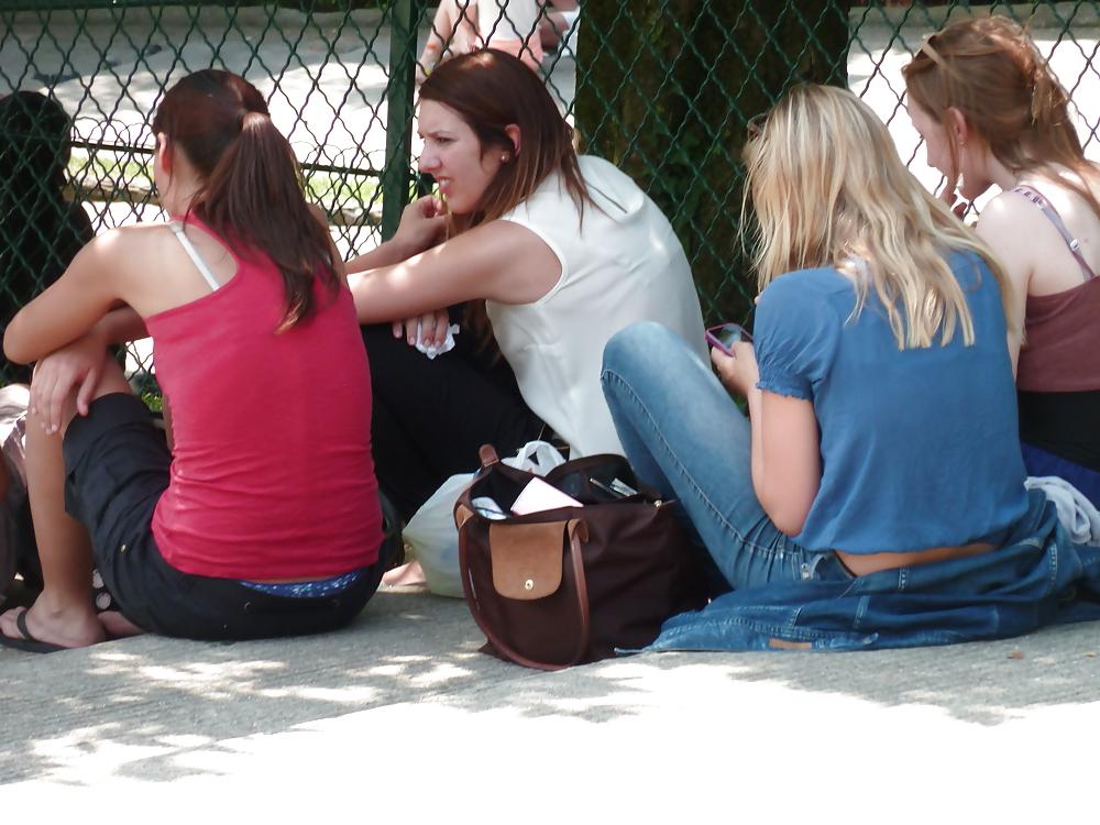 11P Teens in park - Visible thong and pantie