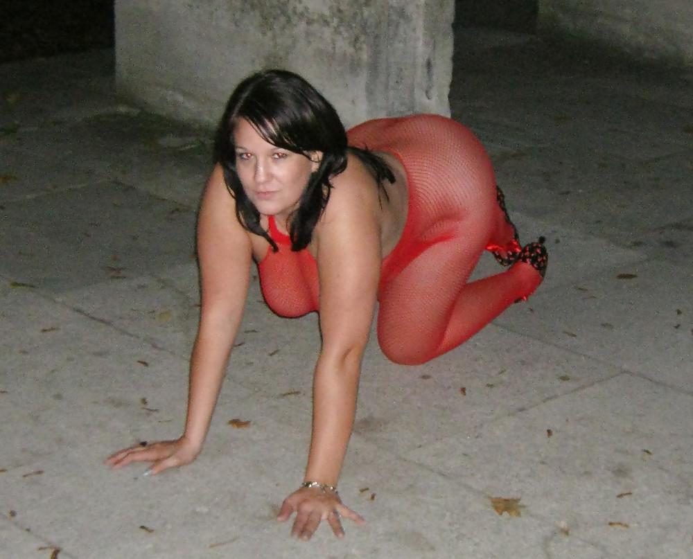8P Red bodystocking - catsuit outdoor again