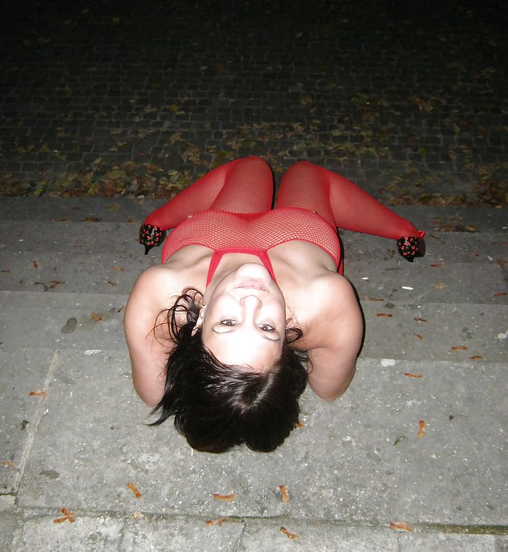 8P Red bodystocking - catsuit outdoor again