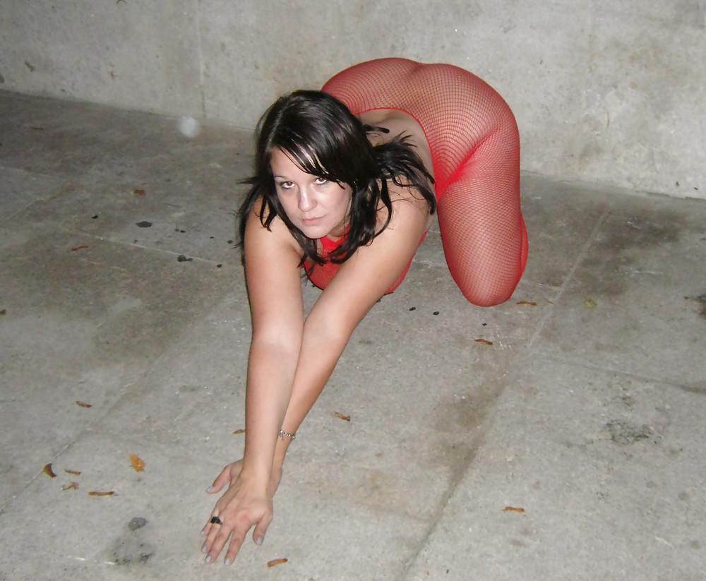 8P Red bodystocking - catsuit outdoor again
