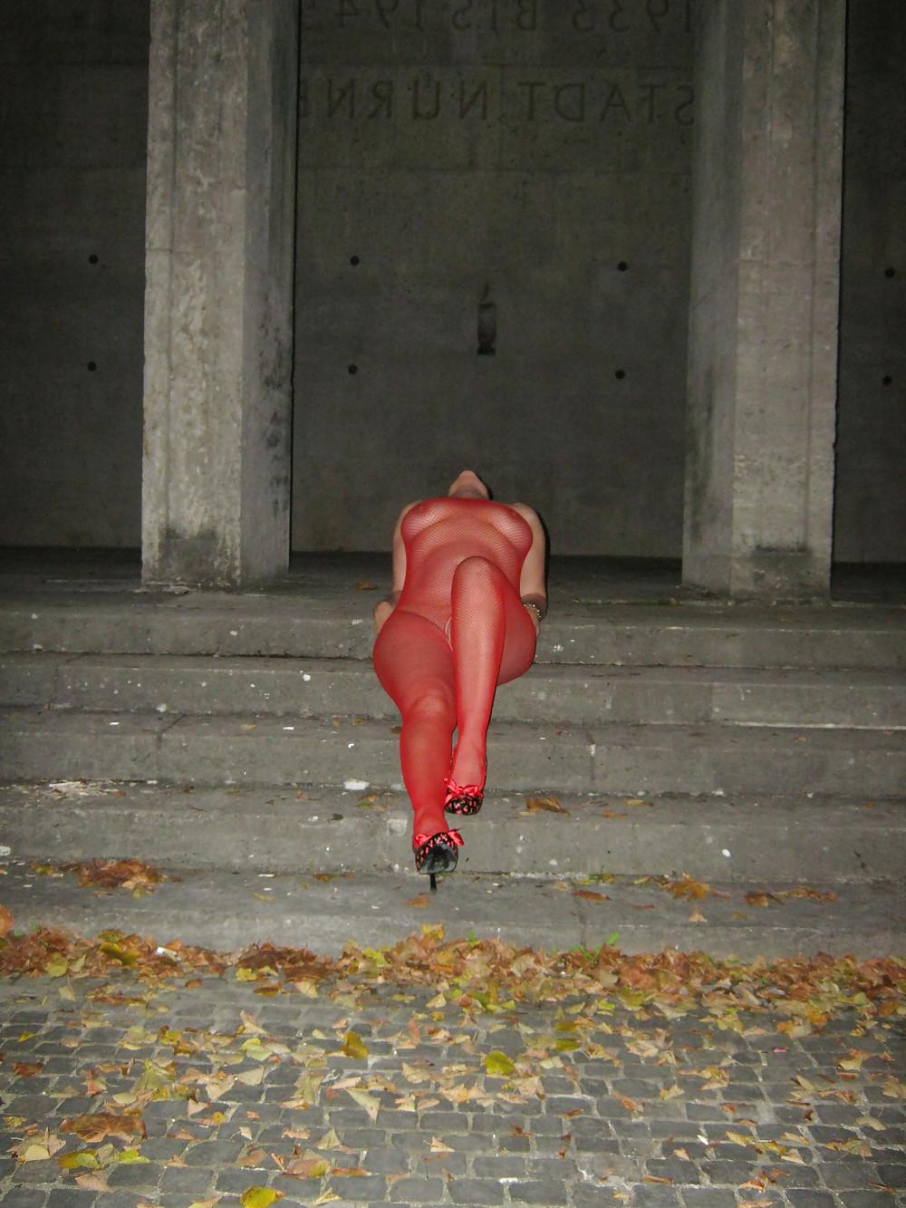 8P Red bodystocking - catsuit outdoor again