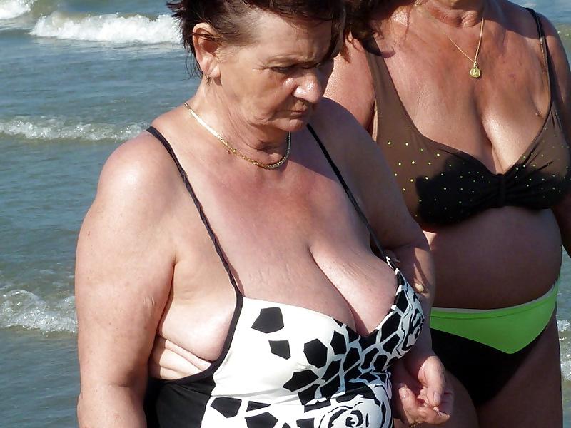 25P Busty granny on the beach! Mixed!