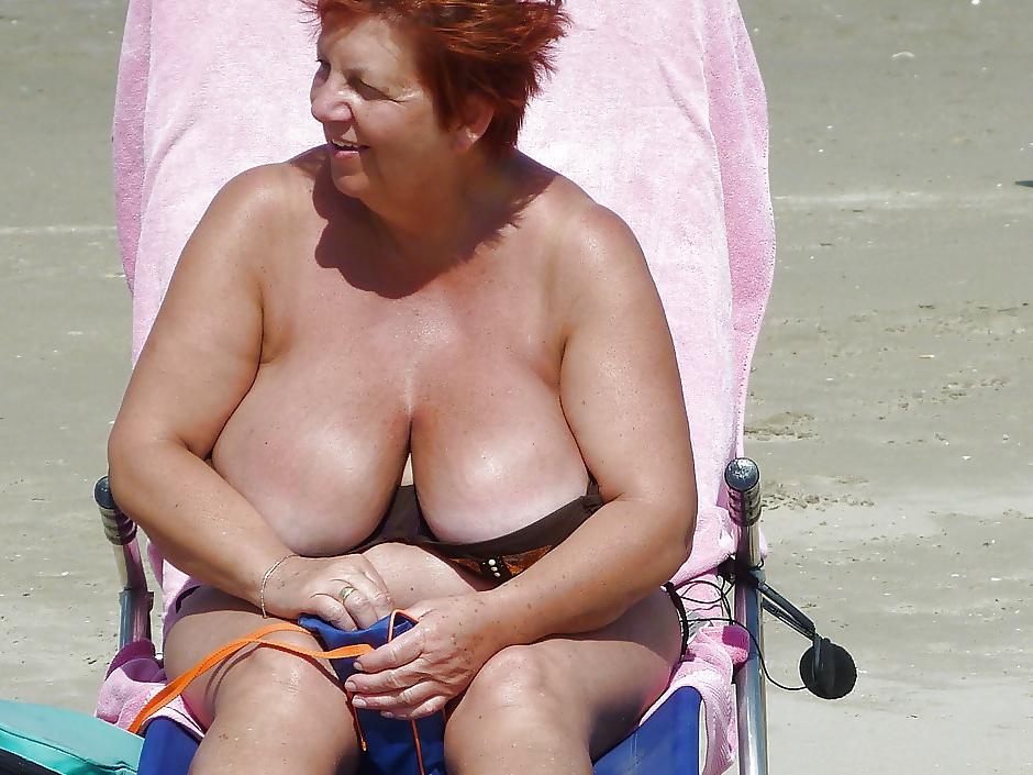 25P Busty granny on the beach! Mixed!