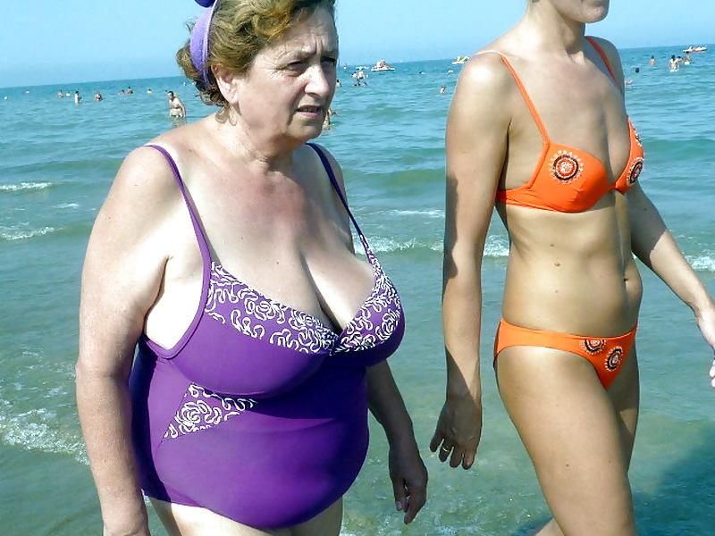 25P Busty granny on the beach! Mixed!