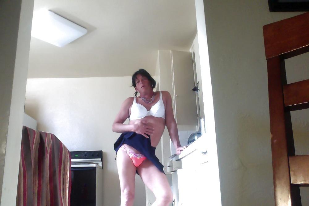 21P Crossdresser legs, feet, panties, bra, skirt in the morning