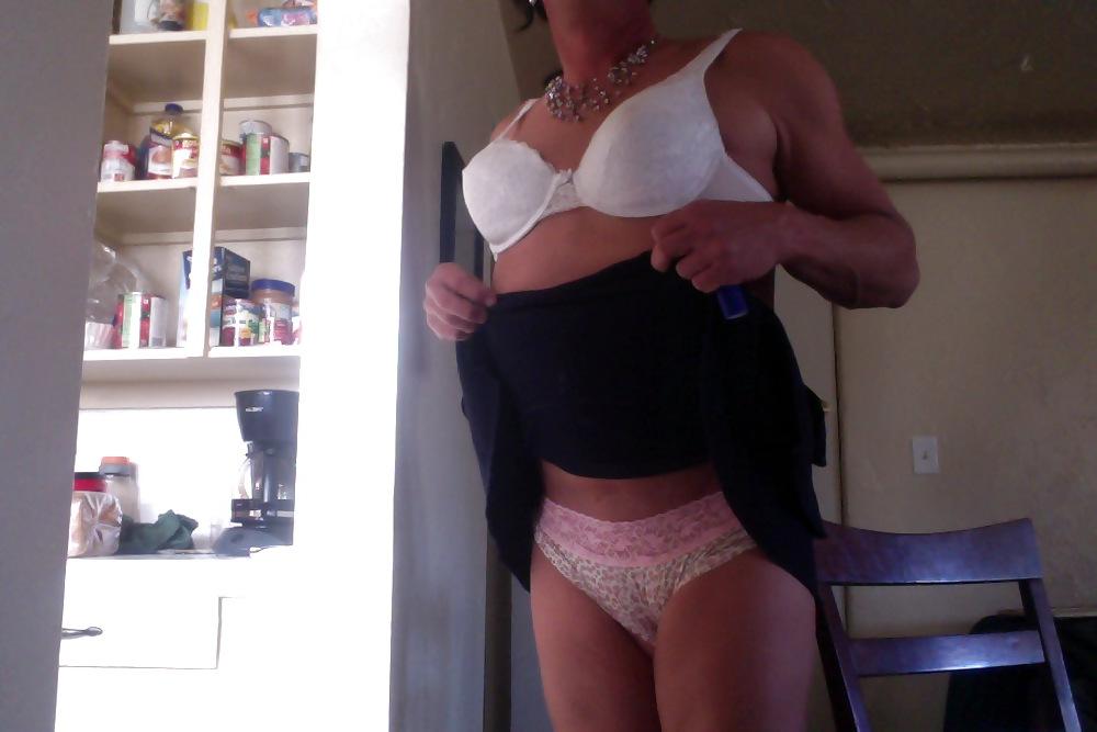21P Crossdresser legs, feet, panties, bra, skirt in the morning