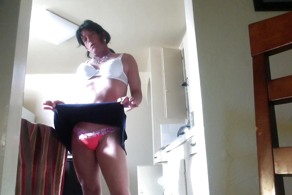 21P Crossdresser legs, feet, panties, bra, skirt in the morning