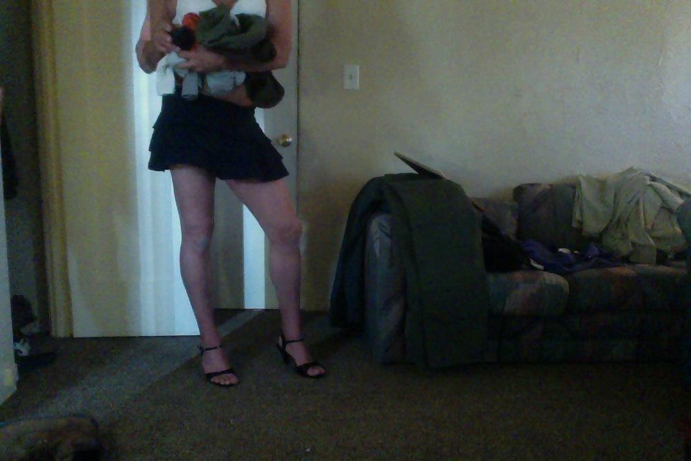 21P Crossdresser legs, feet, panties, bra, skirt in the morning