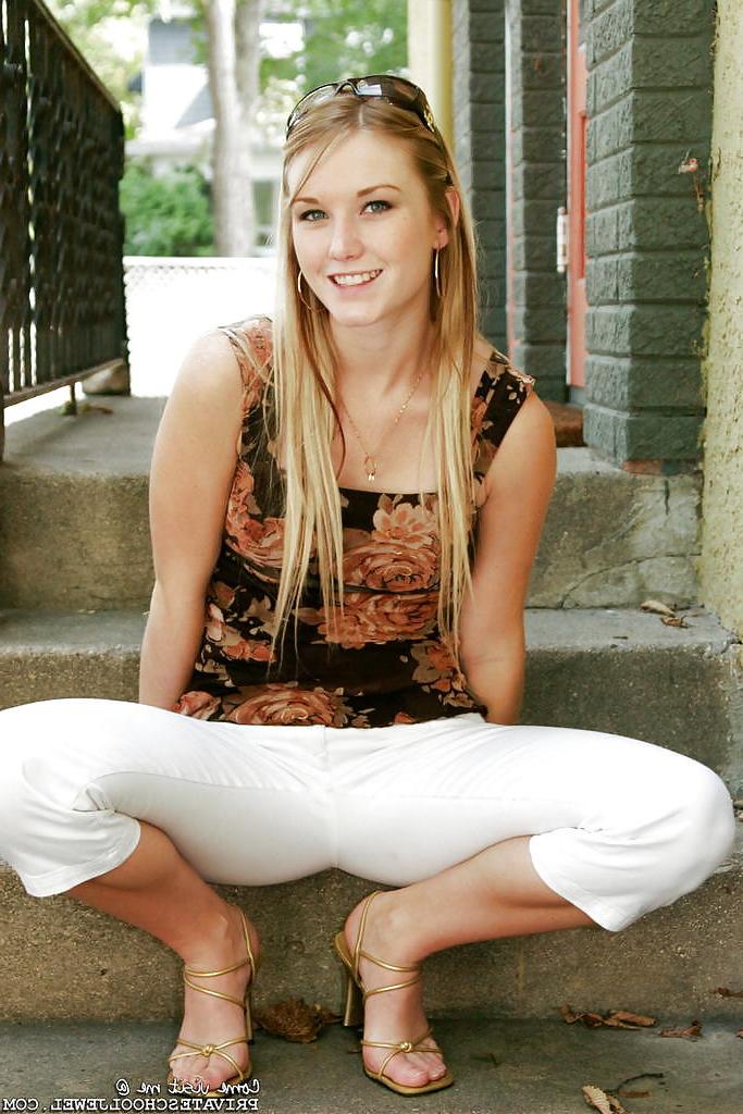 12P Blonde teen strips outdoors on the steps