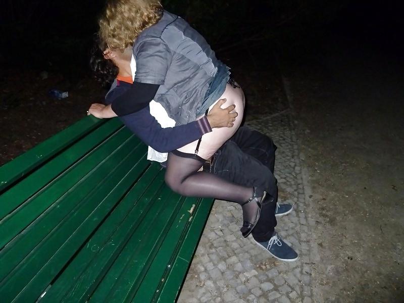 5P Park bench fuck stockings heels suspenders wife